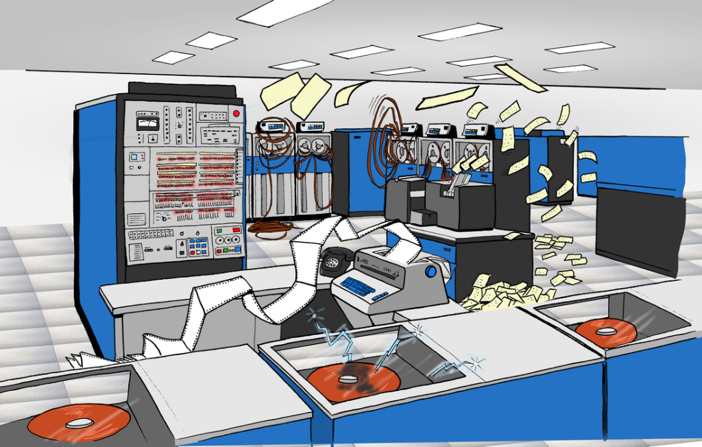IBM S/370 mainframe computer chaos illustration