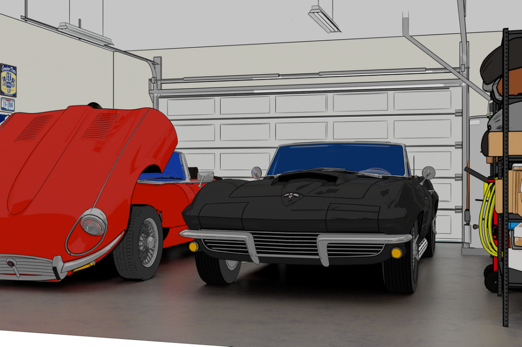 garage corvette jaguar cartoon render