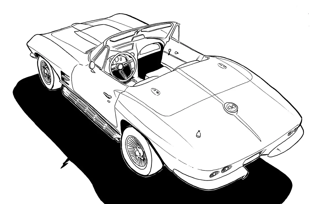 Corvette C2 comic ink illustration overhead view